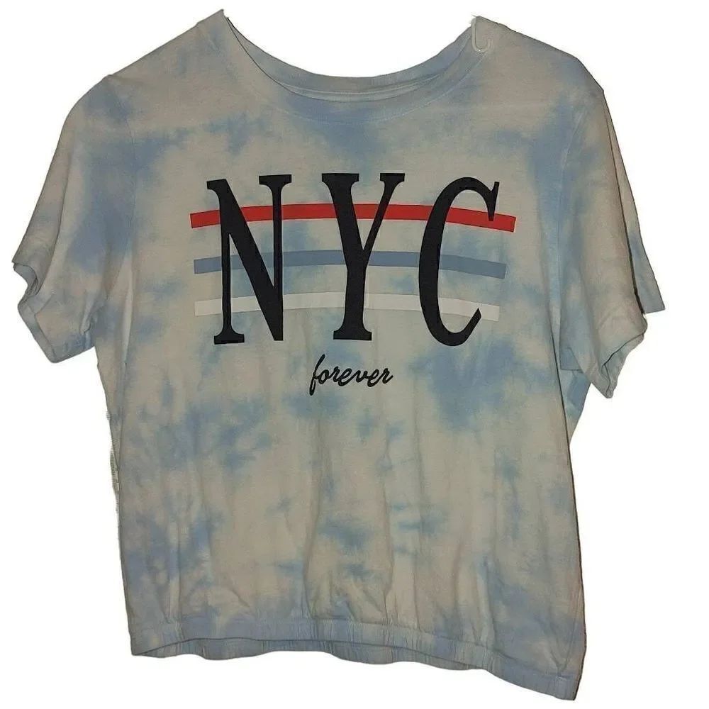 Mighty Fine Women's Blue Tie Dye NYC Forever Cropped T-Shirt Size M